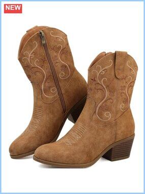 Women's Floral Embroidered Western Cowboy Boots Side Zip Ankle Faux Leather